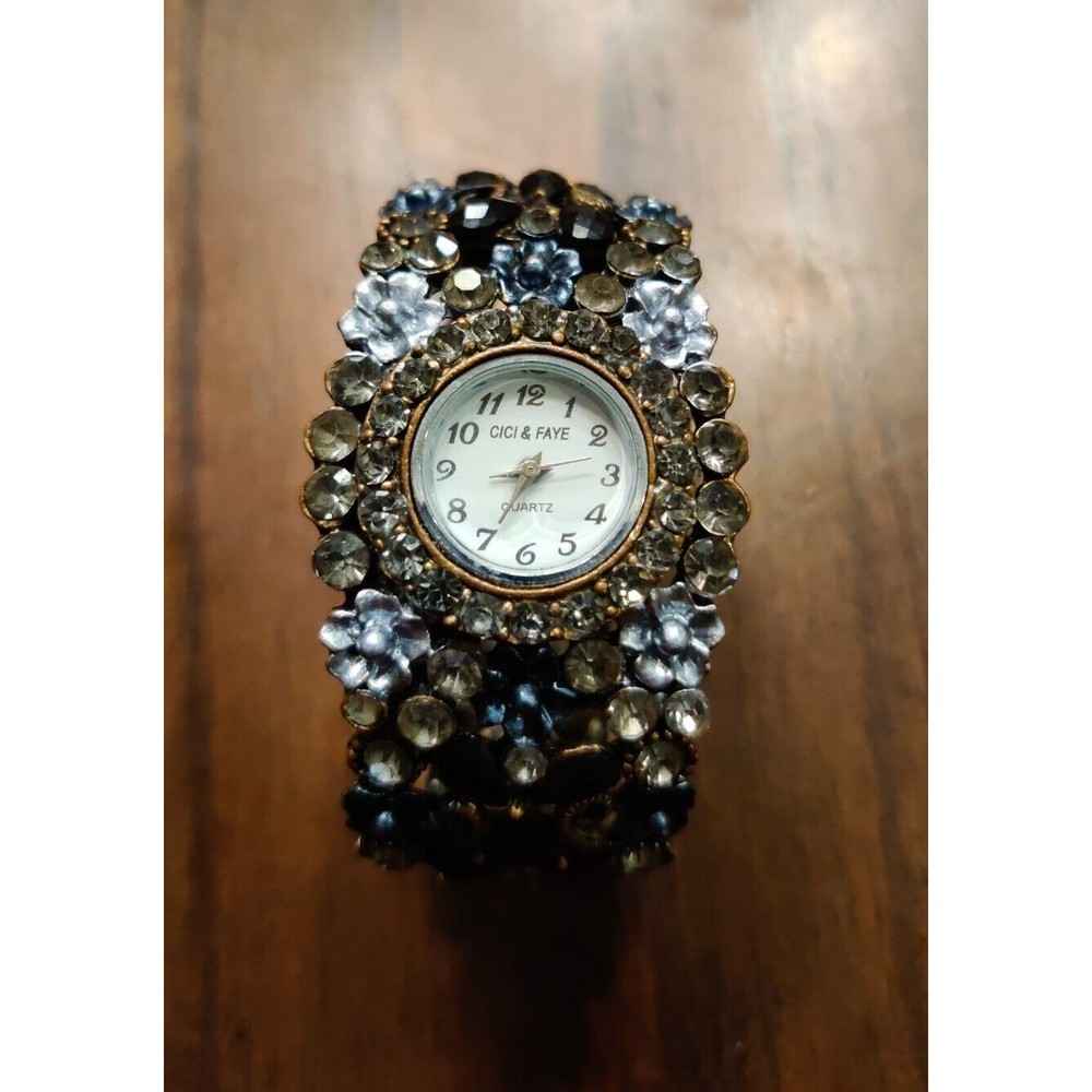 CICI & FAYE Floral RHINESTONE FASHION WATCH Hinged Cuff